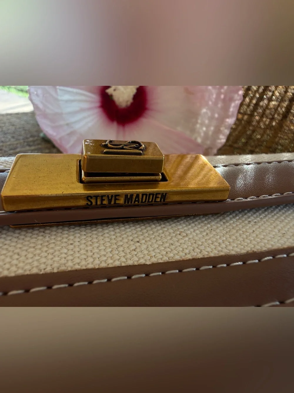 Steve Madden Beige and Taupe Canvas Wristlet with Unique Gold Accent Hardwares